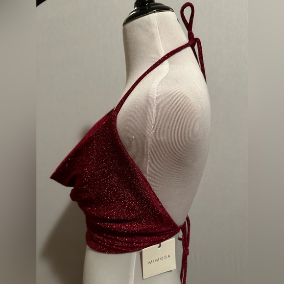 NEW NWT Sexy Sparkly Red Cowl Backless Crop Top Tie Back by Mimosa Brand Size M - Picture 7 of 7